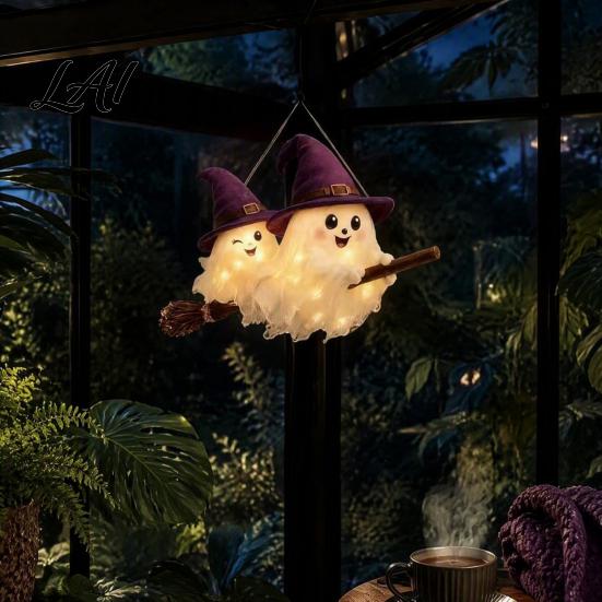 Witch Hat Wall Ornament Lighted Ghost Broom Hanger Cute Glowing Halloween Hanging with Warm LED Lights Cozy Fall Holiday Gift Luminous Witches