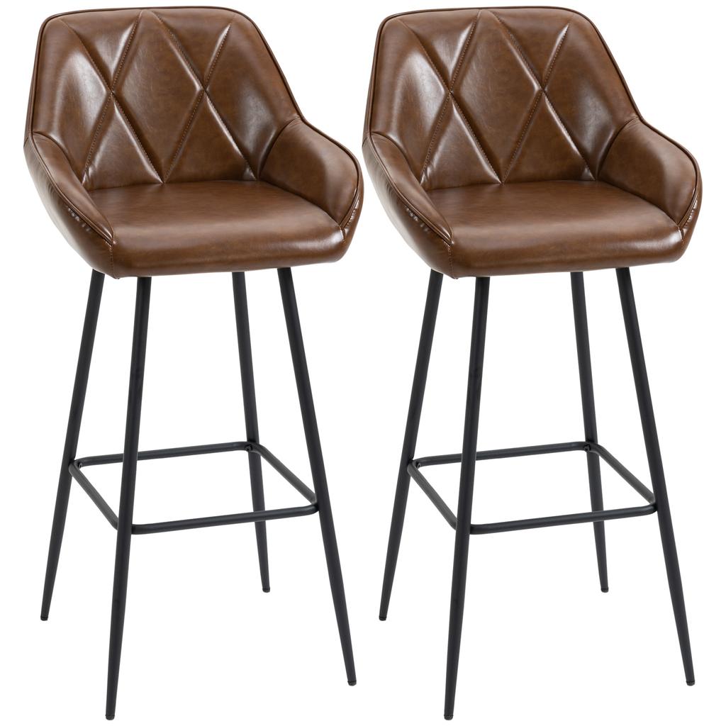 Set Of 2 Upholstered PU Bar Stools With High Backrest Steel Legs And Footrest 50x47.5x102.5 Cm Brown