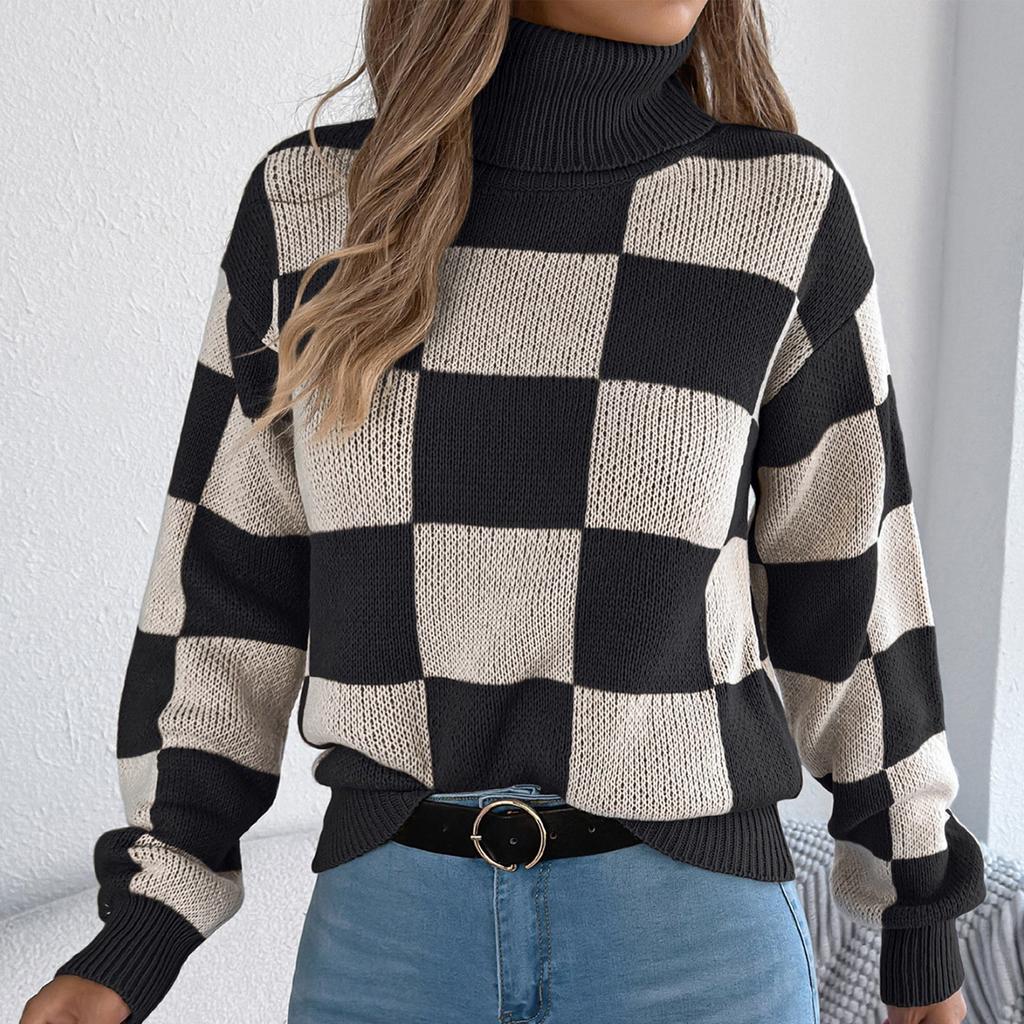 Женский повседневный свитер с высоким воротником, контрастной клеткой и длинными рукавами