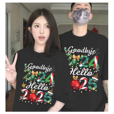 Футболка Funny Goodbye 2024 Hello 2025 для мужчин и женщин с коротким рукавом и 3D-принтом, семейные футболки с надписью «Счастливого Нового года», праздничные топы