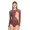 Women Shiny Rhinestones Patchwork Sheer Long Sleeve Color Block Gymnastics Leotard Bodysuit