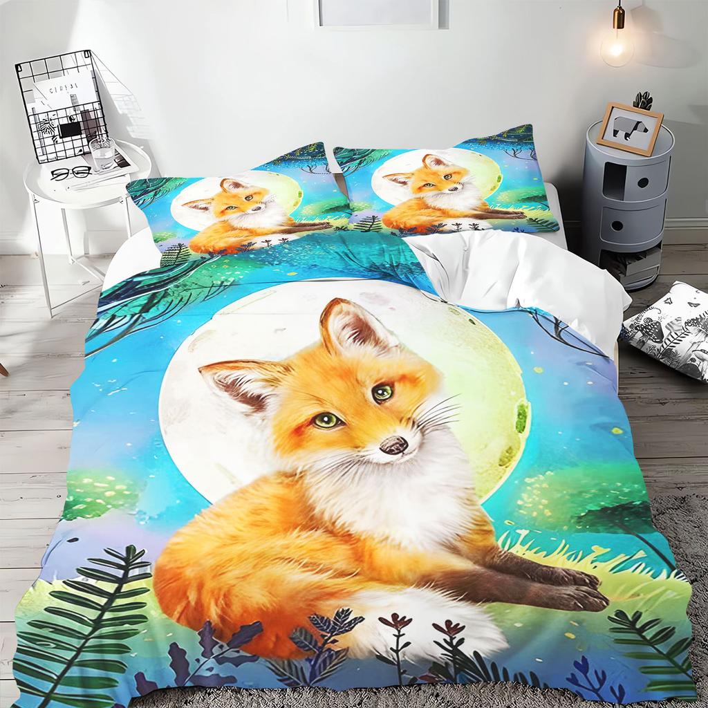 Аниме Мультфильм Животное Лиса Пододеяльник Постельное белье Наволочка С принтом Детский и Взрослый Набор Размер Квин Реактивная печать Одеяло