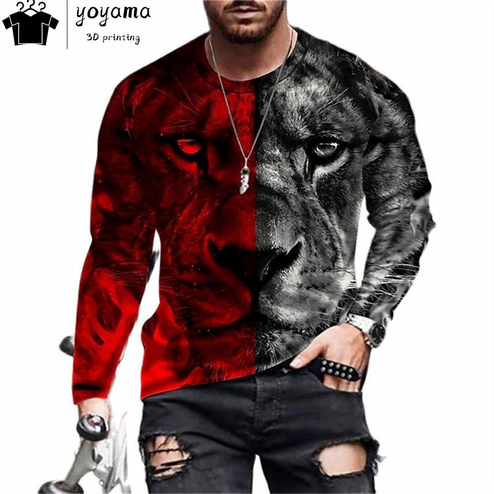 Футболки с принтом тигра Мужская одежда Модная мужская футболка с круглым вырезом и длинным рукавом Повседневная свободная мужская одежда с принтом тигра Топы