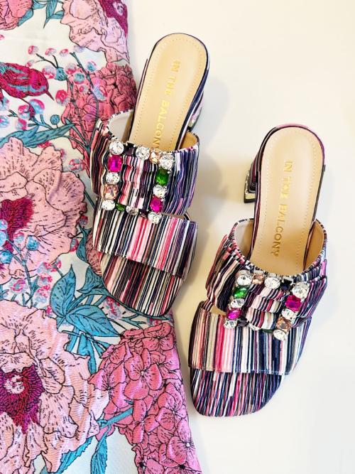 In The Balcony Paige Pleats String Pleats Rainbow Buckle Sandals 6Cm Heel