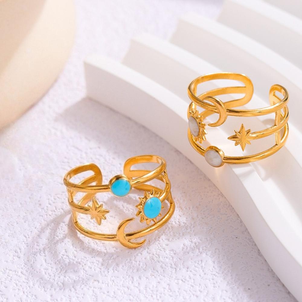 Регулируемые кольца из нержавеющей стали со дизайном «Звезда, Луна, Солнце» с тремя витками, открытое кольцо с бирюзой для мужчин и женщин, изысканный ювелирный подарок