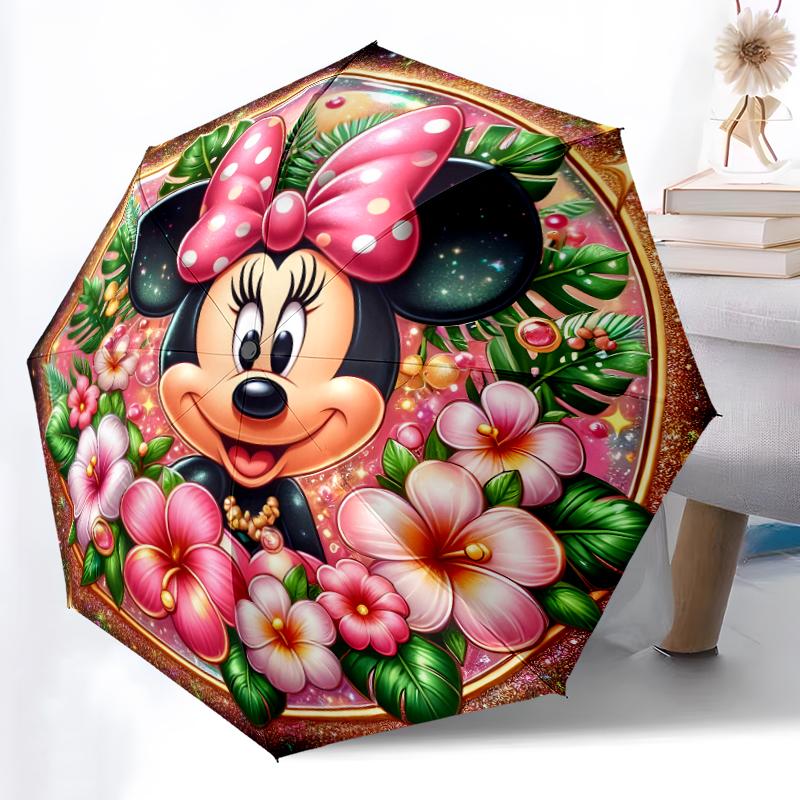 1pc Sturdy 8-Bone Auto Umbrella, Minnie Mouse Pink Floral Pastel Umbrella, Digital Printed, Foldable Umbrella for On-the-Go Outdoor Use