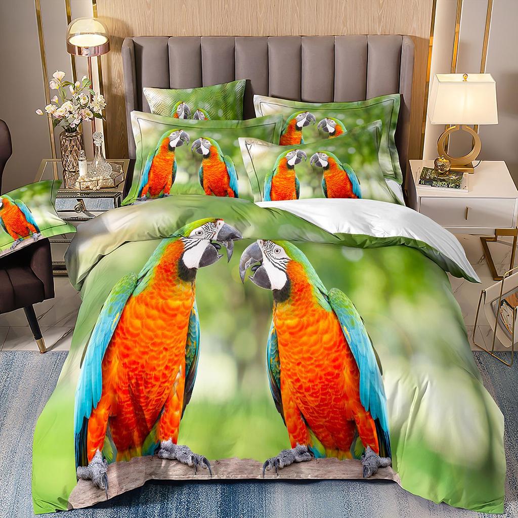 Flamingo Three-Piece 3D Printed Parrot Toucan And Tropical Flower Quilt Cover Pillowcase Bedding