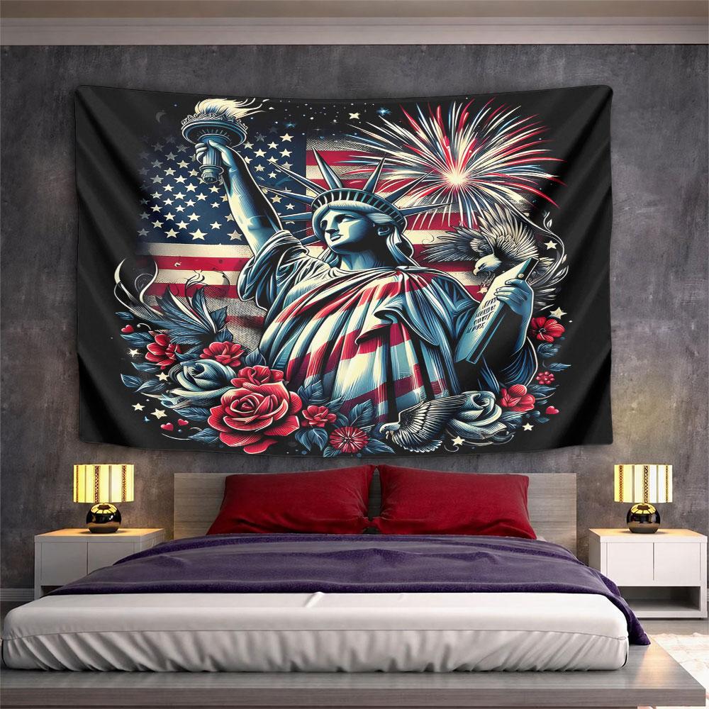 Statue of Liberty with Flag and Fireworks Pattern Wall Hanging Tapestry Decorative Tapestry Home Decor for Bedroom and Living Room