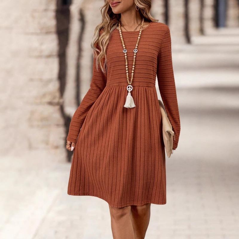 Women S Solid Color Crew Neck Long Sleeve Casual Dress