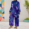 Women Plus Size Round Neck Long Sleeve Printed Top And Wide Leg Pants Two Piece Set