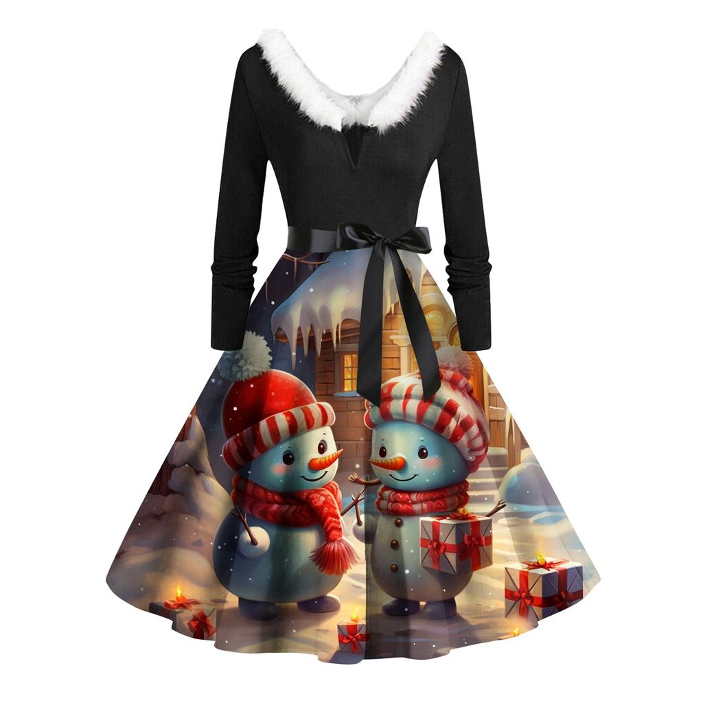 Women Vintage Long Sleeve Christmas Print 1950s Housewife Evening Party Prom Dress