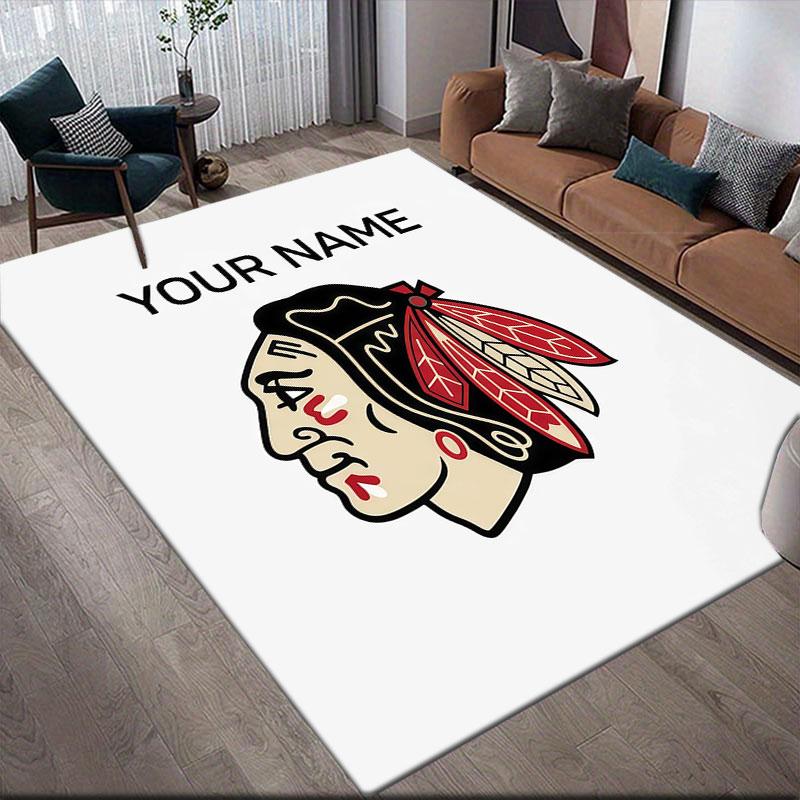 Custom Name,Chicago Blackhawks Home Sofa Decoration for Living Room & Bedroom, Non‑Slip Play Flannel Floor Mat for Game Room