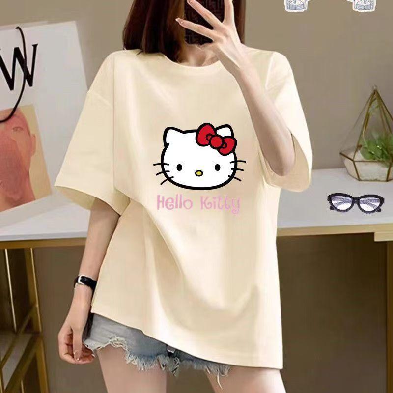 Sanrios 2026Summer New Collection HelloKitty Cartoon Print Pure Cotton Fitting Breathable Womens ShortSleeved TShirt