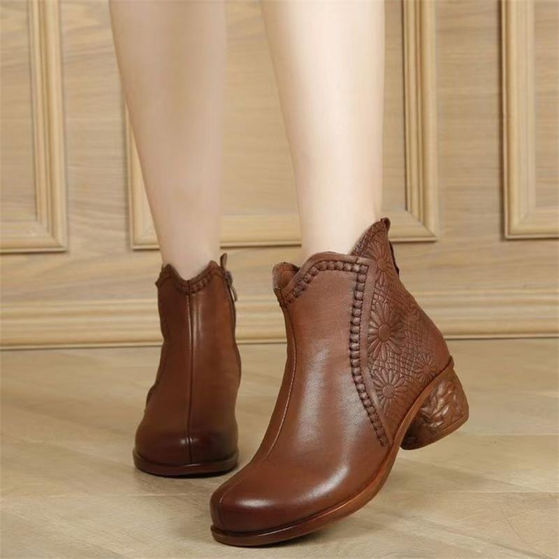 Осенние и зимние короткие женские сапоги на толстом каблуке из плюша и хлопка, туфли для мам, плюшевые теплые ботинки Martin на среднем каблуке, нескользящие сапоги для мам из хлопка