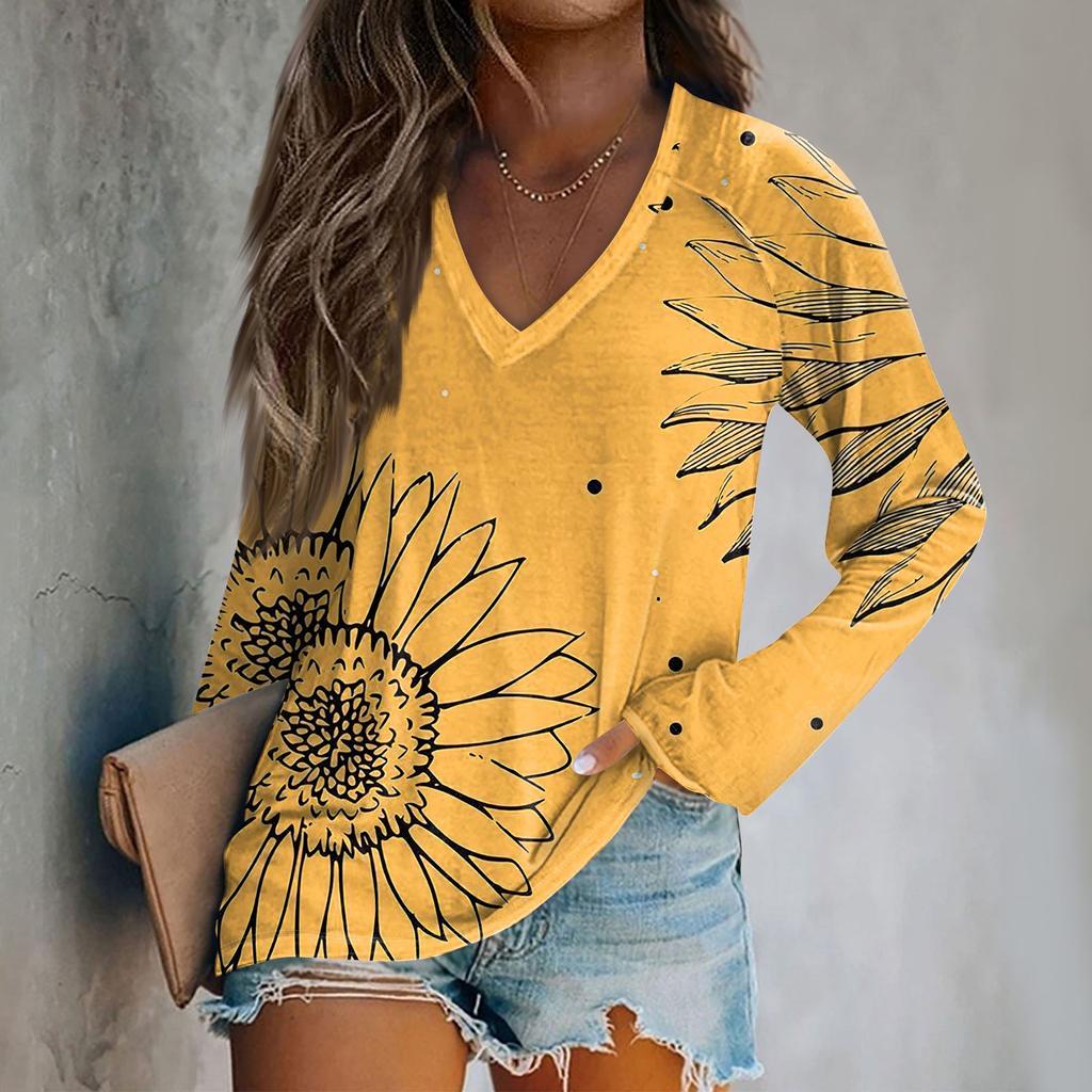 Женская модная свободная футболка с V-образным вырезом и длинным рукавом с винтажным цветочным принтом, повседневный топ