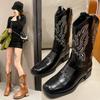 Western Cowboy Boots Retro Embroidered Knight Boots Women's 2025 New He Sui Same V-mouth Medium Boots Long Boots