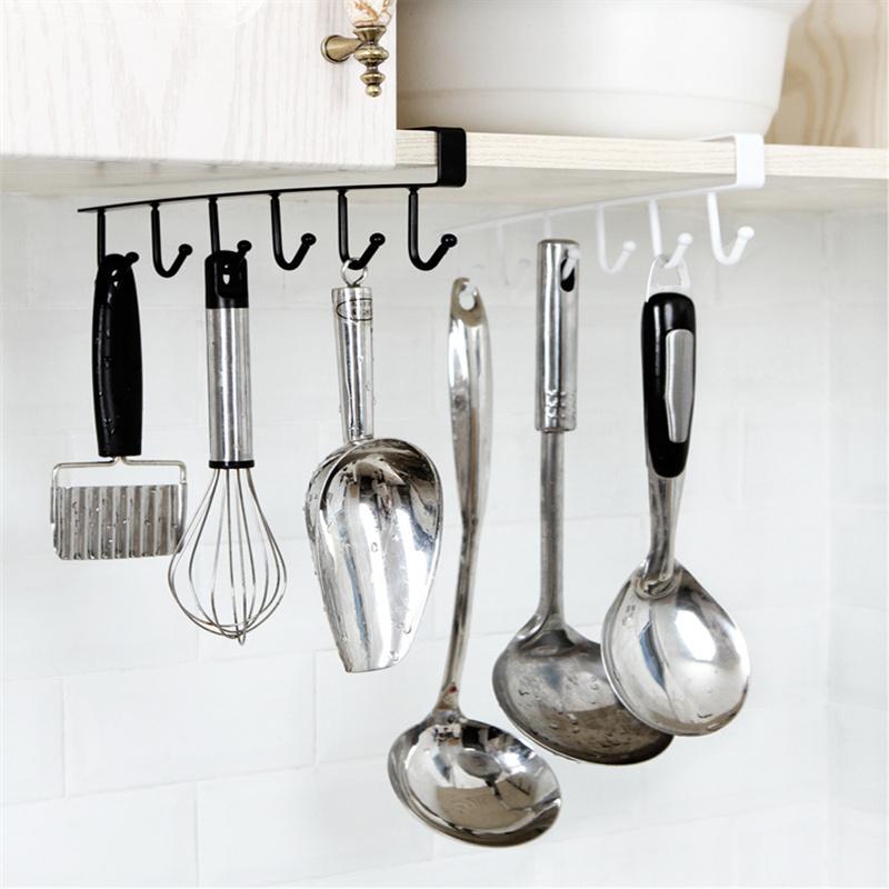 Iron 6 Hooks Storage Shelf Wardrobe Cabinet Metal Under Shelves Mug Cup Hanger Bathroom Kitchen Organizer Hanging Rack Holder