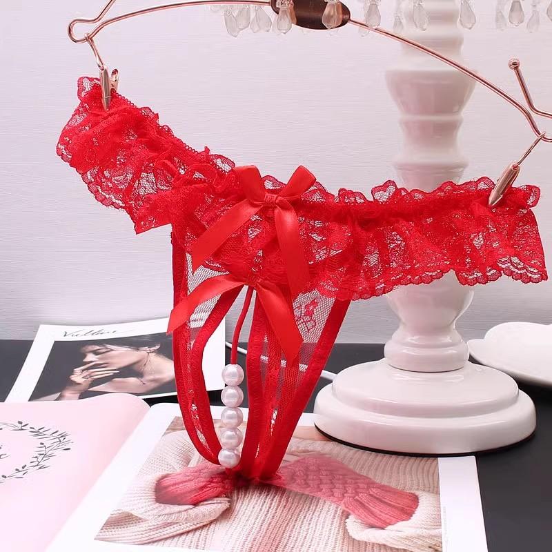 Plus Size Sex Pearl G-string Crotchless Erotic Lingerie Sexy Panties Porn Lace Women Underwear See Through Open Crotch Thongs