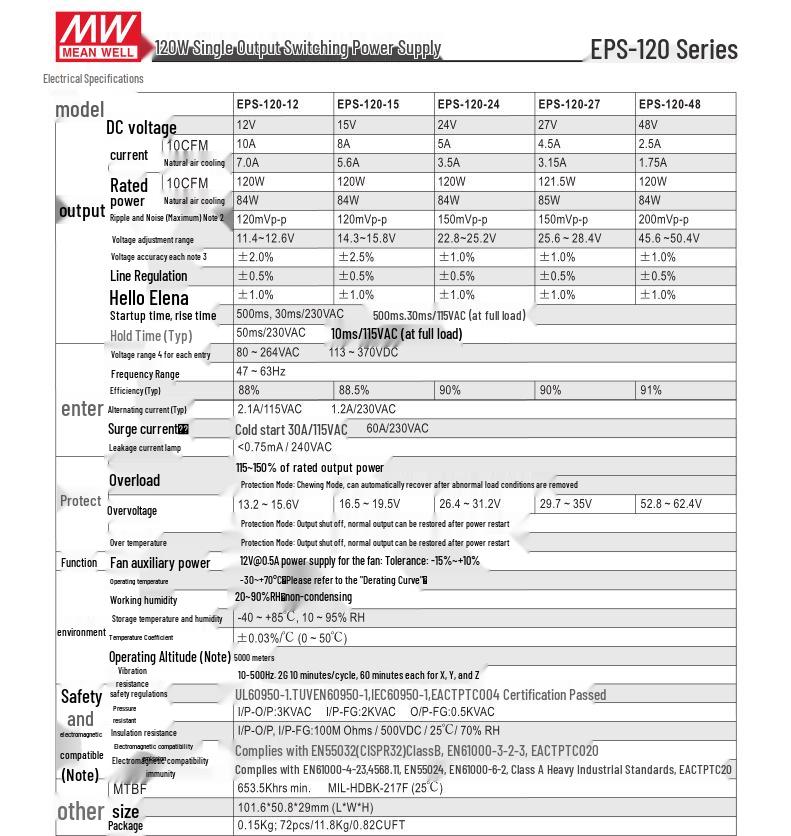 Импульсный блок питания Mingwei EPS-120-24 120 Вт 24 В 5 А для печатных плат