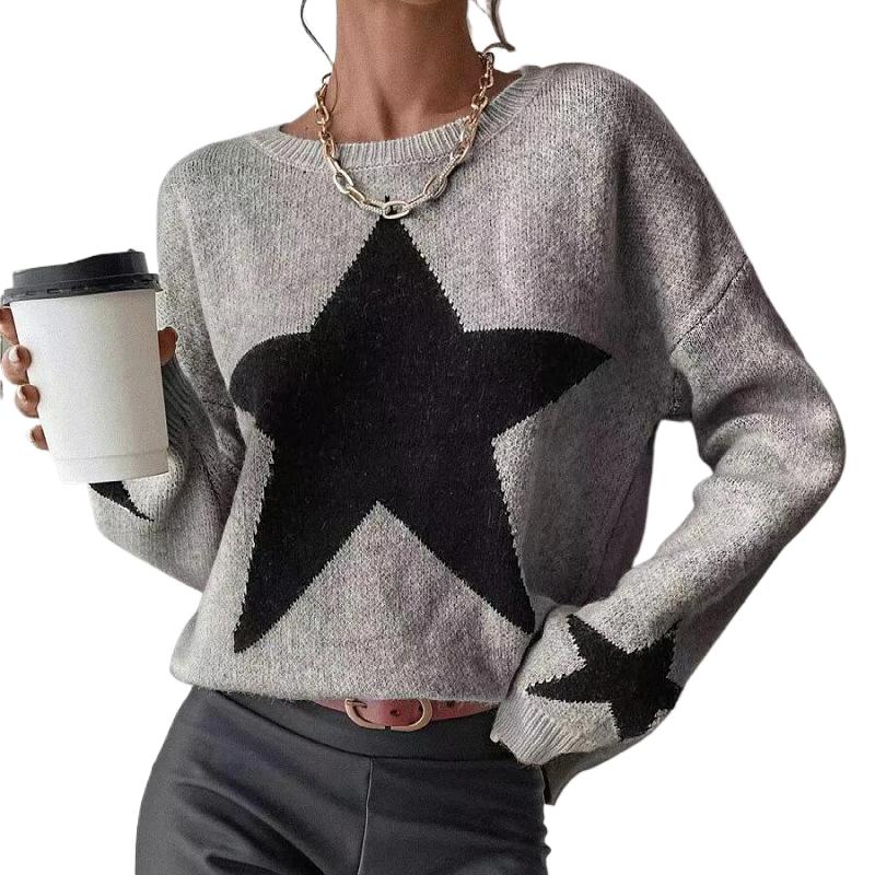 Women's Star Print Long Sleeve Crewneck Sweater Drop Shoulder Pullover Tops