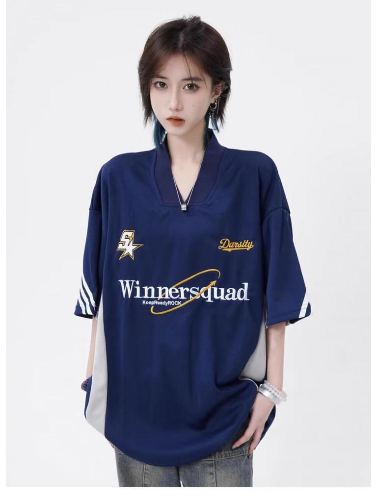 Футболка свободного кроя из джерси с V-образным вырезом и вышивкой в стиле ретро унисекс, короткий рукав, повседневный тренд