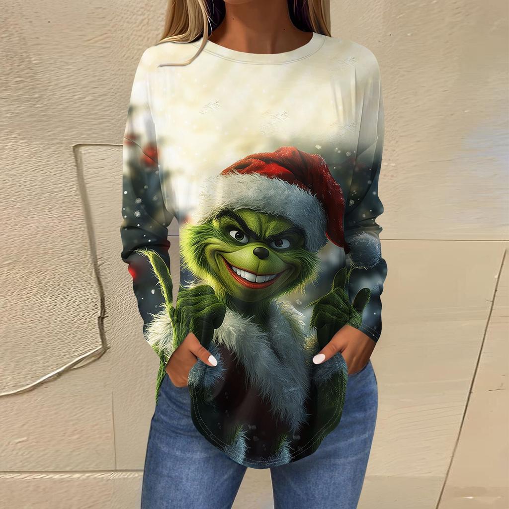 Women's Loose Round Neck Print Long Sleeve T-Shirt Top Pullover