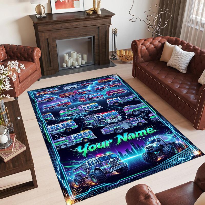 Fire Truck Theme Crystal Velvet Rug Personalized Custom Name Text Soft Floor Mat Home Decor