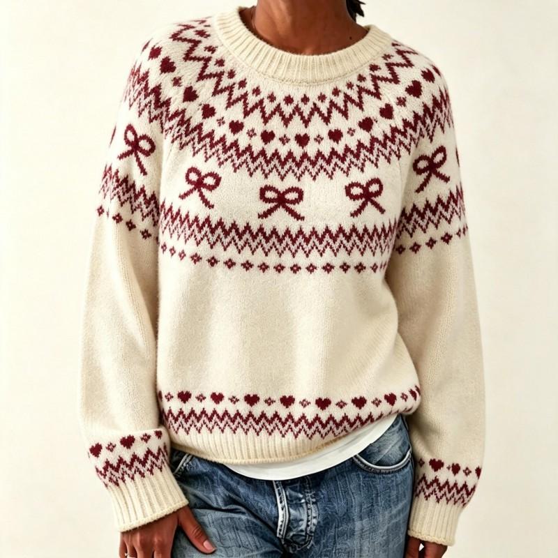 Womens Oversized Knit Sweater With Fair Isle Embroidery Crew Neck Long Sleeve Pullover