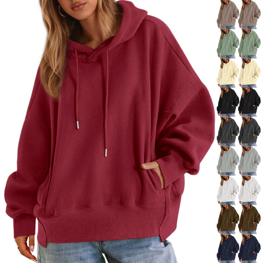 Ladies' Fashionable Solid Color Casual Hooded Pocket Long Sleeved Sweatshirt