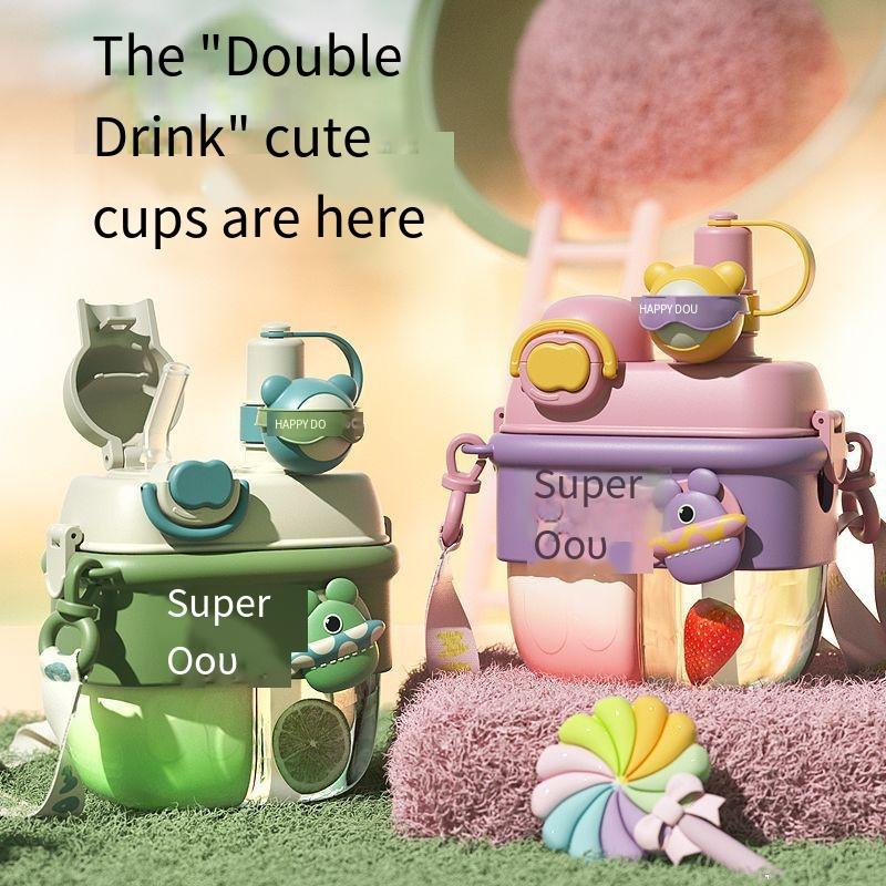 1PC Children's Straw Cup Large Capacity Sub-warehouse Double Drinking Cup Female Students Summer High Value Plastic Cup Portable Water Cup