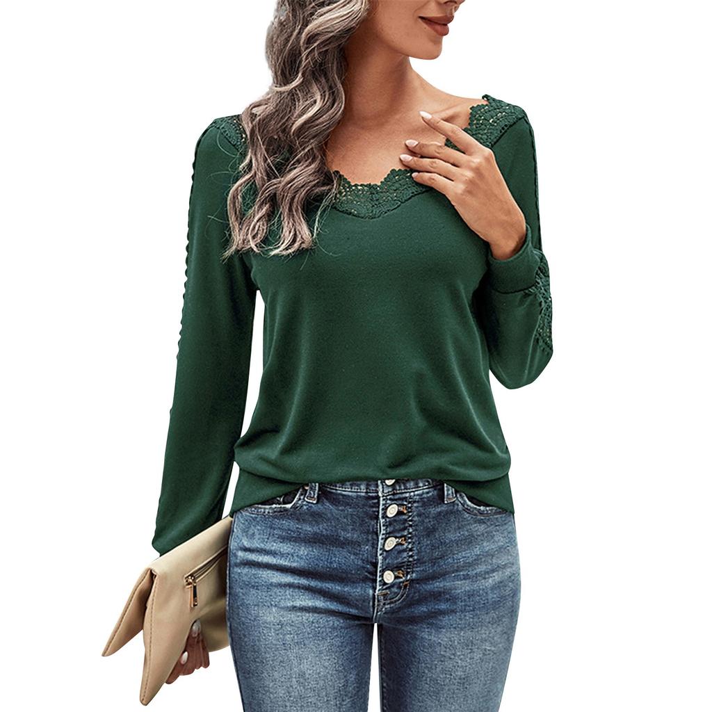Женская майка с V-образным вырезом, кружевной отделкой, длинными рукавами, однотонный повседневный топ