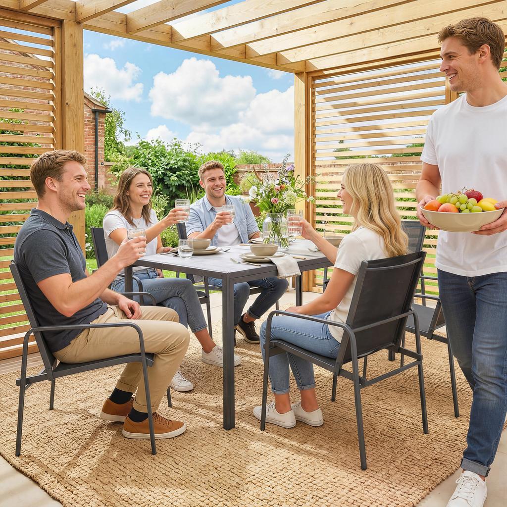 7-Piece Garden Table and Chair Set with 6 Breathable Texteline Chairs and a Wood-Effect. Black
