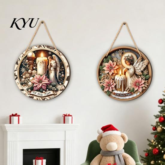 Winter Home Ornaments Christmas Wooden Hanging Sign, Gnome Snowman Angel Candle 2D Wood Plaque, Festive Theme Wall Decoration Vintage Xmas Door Hanger