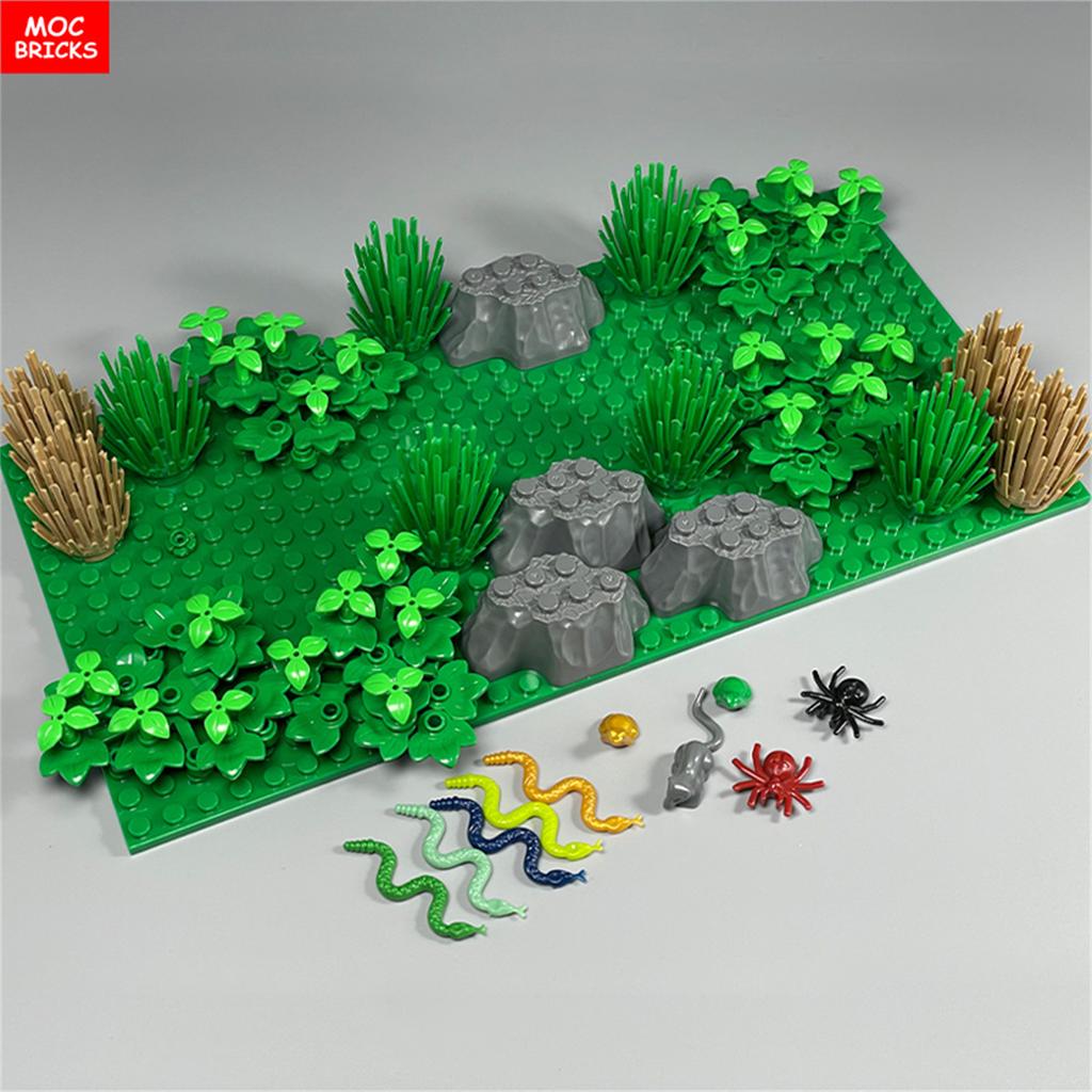 Нетоксичные кубики Moc Плотный Лес Джунгли Сцена с кустами Тигр Лев Среда обитания диких животных Дерево Растение Строительные блоки Собранные Детские игрушки