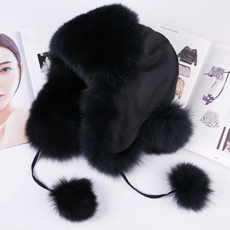 Женская шапка из натурального лисьего меха с меховыми шариками, женские корейские зимние шапки из натурального меха енота, теплая шапка-бомбер для девочек с ушами на лыжах, велоспорте, снежная шапка-бомбер