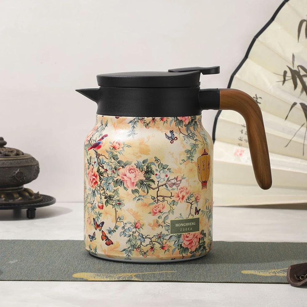 1000 мл двухслойный вакуумный заварочный чайник с цветочным узором из нержавеющей стали со встроенным заварочным устройством для горячих напитков