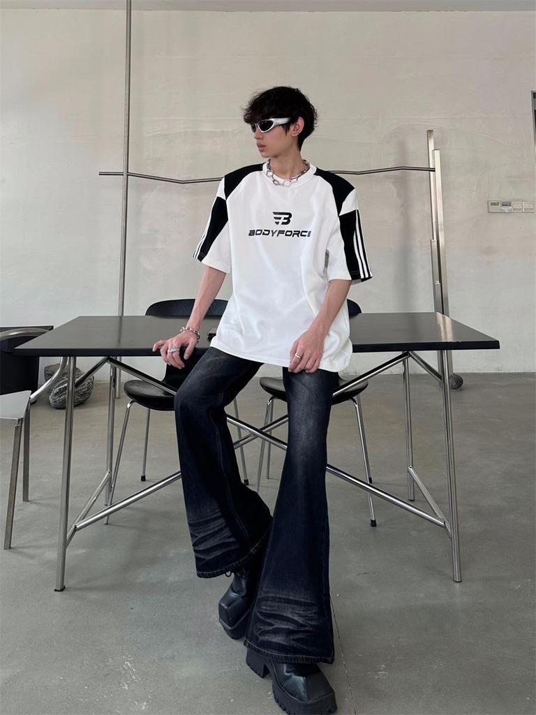 Унисекс футболка с цветными блоками и подплечниками - Мужской повседневный летний топ свободного кроя с коротким рукавом