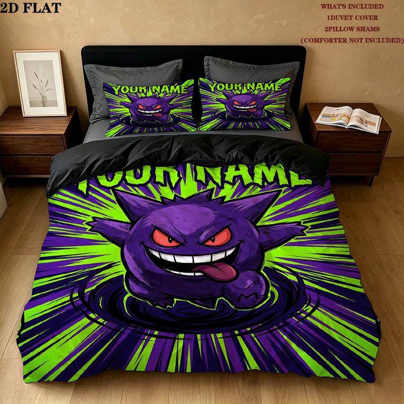 Custom Name,Gengar Pattern Bedding Home Decoration Birthday Gift ( 1 duvet cover + 2 pillowcase, without core),fan merchandise.
