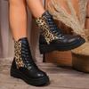 Women's Platform Boots  New Women's Ankle Boots Fashion Leopard Print Round Head Thick Lace-up Boots Motorcycle Boots
