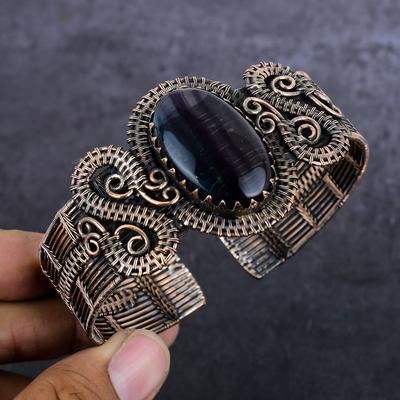 Браслет-манжета из натурального флюорита ручной работы из медной проволоки, регулируемый I4R90