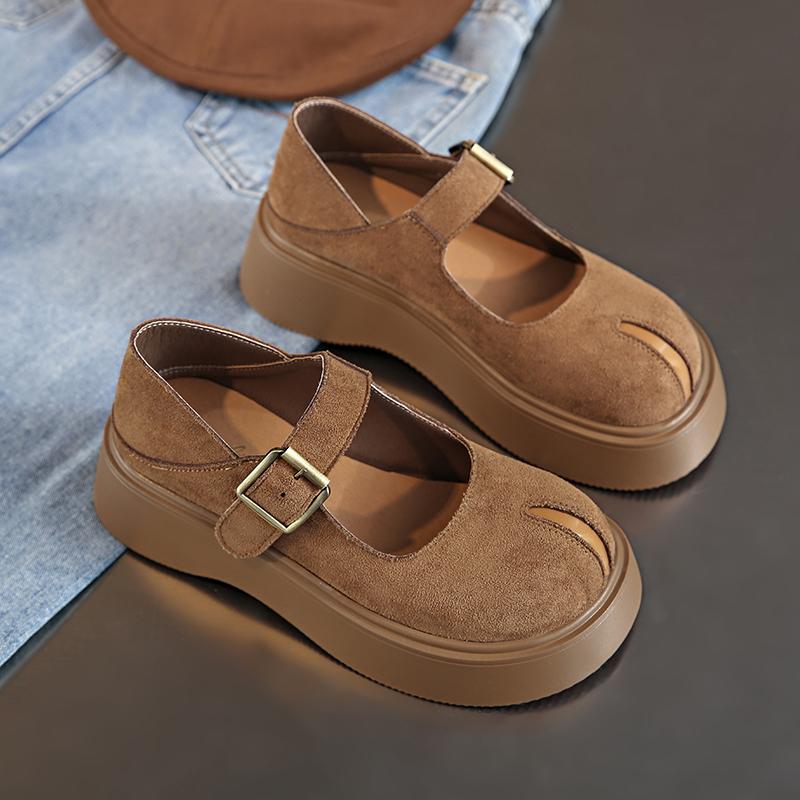 Модная женская обувь на толстой подошве, одинарная обувь, весна, новая, круглый носок, с мелким вырезом, замшевая, с металлической пряжкой, противоскользящая, износостойкая, низкая