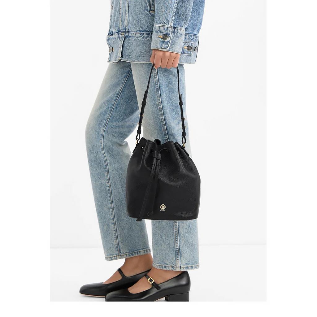 Bally Logo Drawstring Closure Bucket Bag Leather Shoulder Bag Women bags Black 6312074