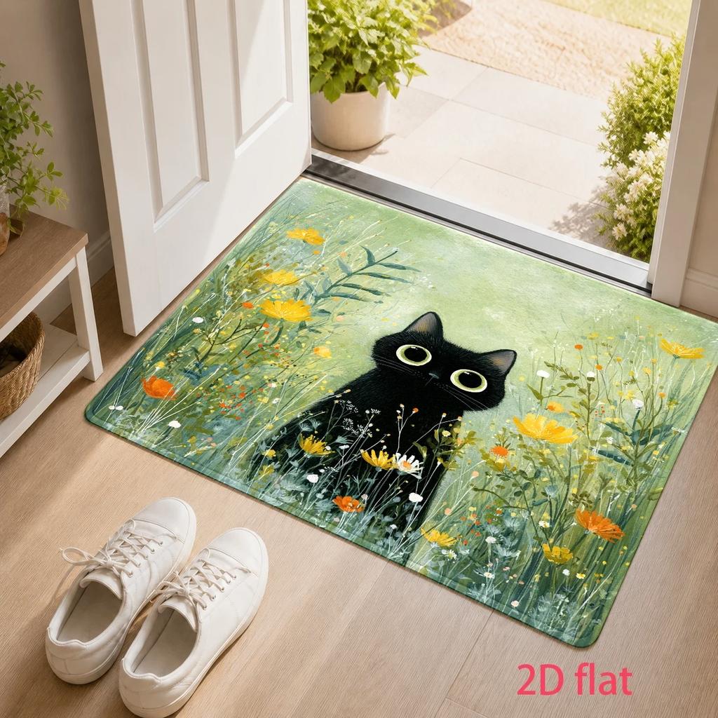 Funny Cats Rectangle Door Mat Playful Kitten Paw Non-Slip Welcome Rug Vintage Wood Pattern for Home Entrance Decor