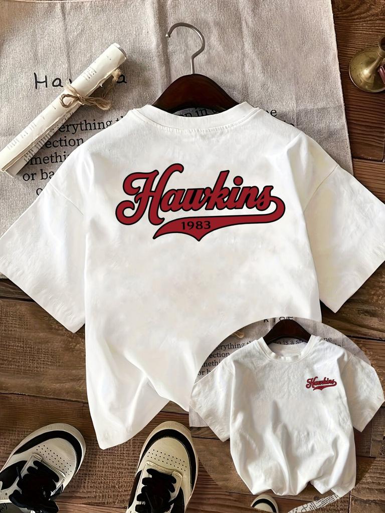 Men's Hawkins 1983 Logo Short-Sleeve Blouse- Hawkins Branding Print Round Neck Casual T-Shirt