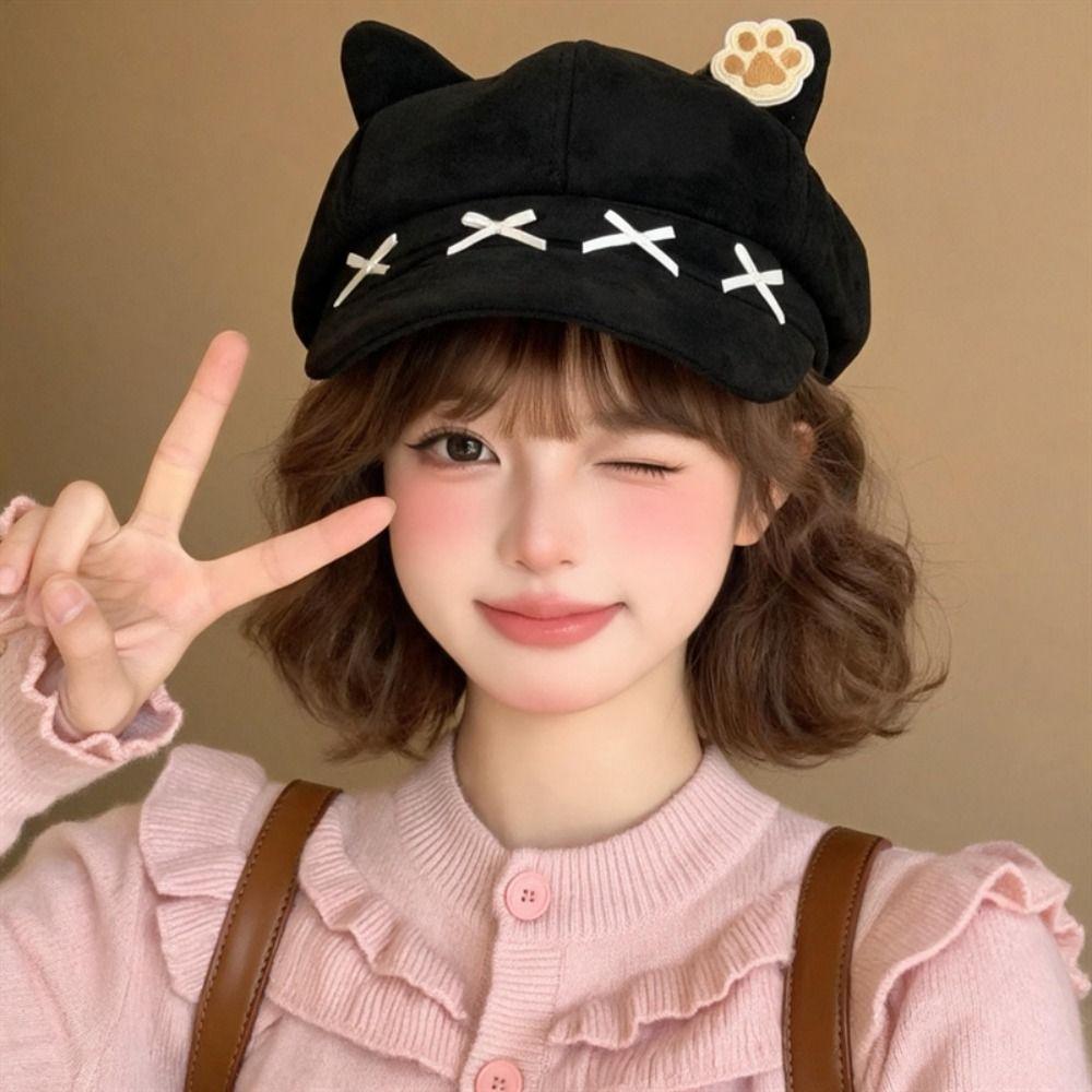 Y2K Cat Ears Beret Embroidery Newsboy Hat Casual Painter Artist Cap Daily