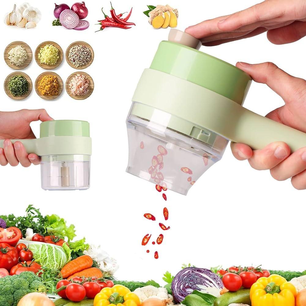 4 In 1 Portable Handheld Electric Vegetable Cutter Set, Wireless Food Processor for Garlic Pepper Vegetable Chopper