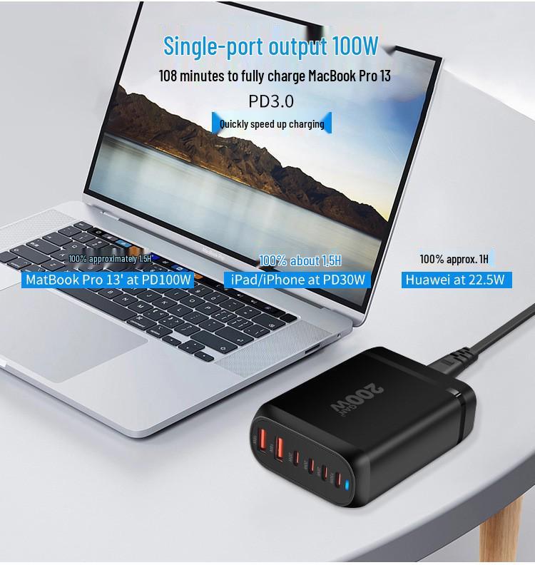 200W GaN Multi-Port PD Fast Charger with 2A4C Ports for Phones & Laptops