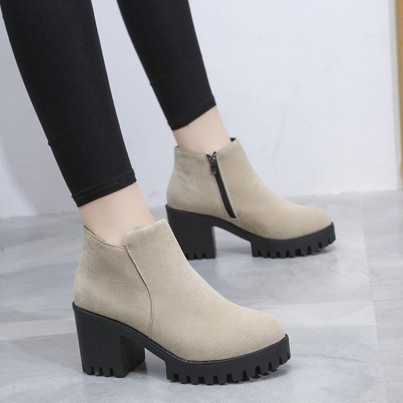 Короткие сапоги на грубом каблуке для женщин с круглым носком, молнией сбоку, толстой подошвой, высокие каблуки для женщин, ботинки Martin