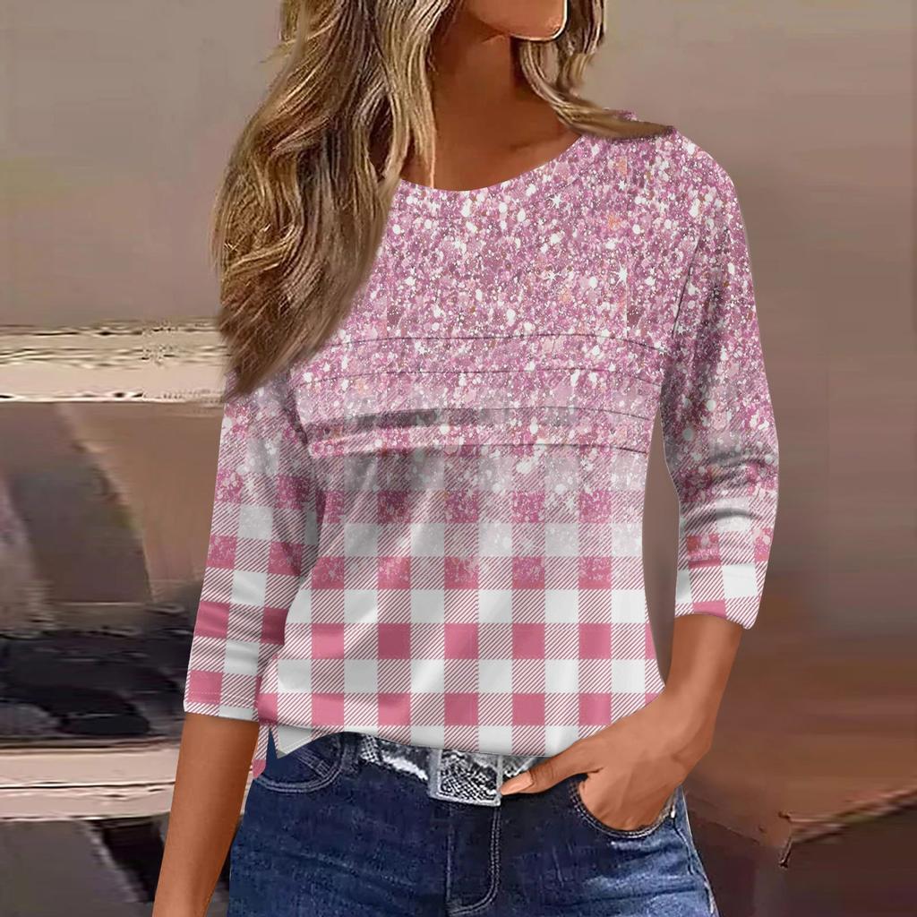 Женская мода повседневный свободный топ с рукавом 3/4 в полоску с круглым вырезом