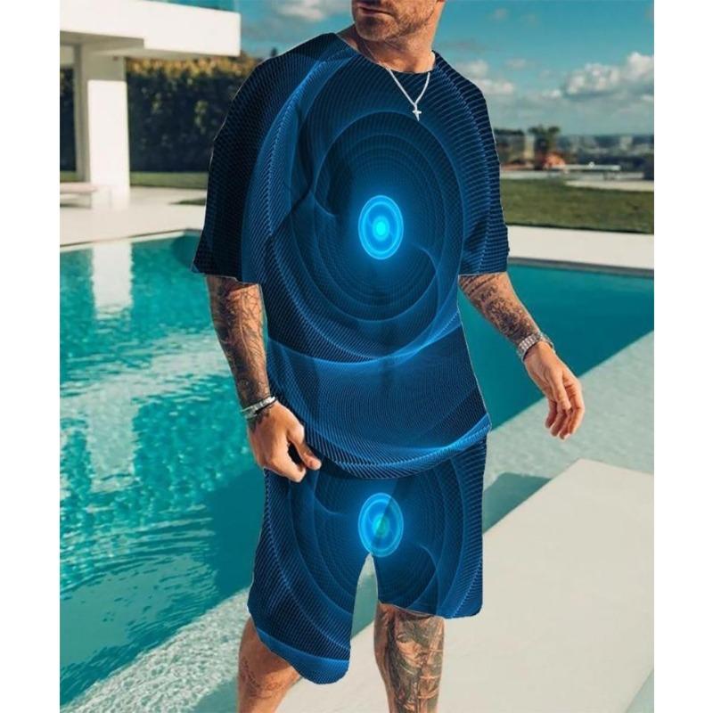 2025 New Men's Round Neck T-shirt Set Printing Optical Illusion Pattern T-shirt Two Piece Set Fashion Men's Summer T-shirt Set
